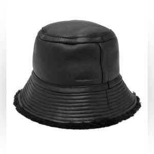 Designer Yves Saloman Black Italian Leather + Sherpa Reversible Bucket Hat NWOT